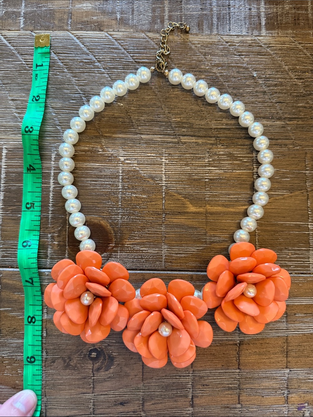 Bold Orange Lucite Floral Statement Necklace with Pearl Accents Vintage - Picture 2 of 5